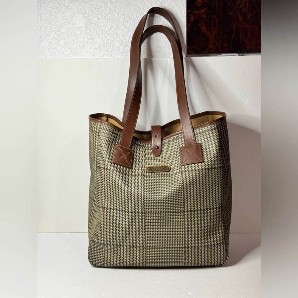 Vintage POLO RALPH LAUREN Beige Brown Plaid Leather Trim Canvas Tote Bag